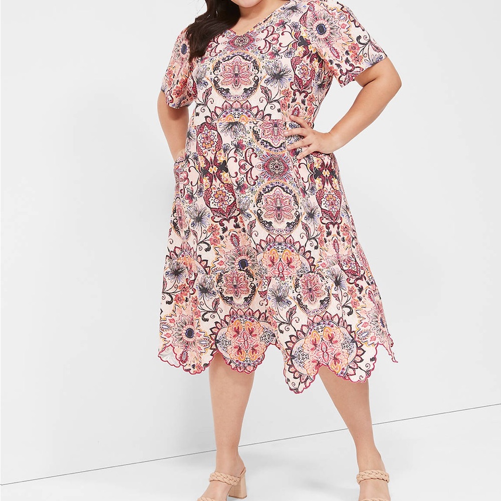 Lane Bryant Multicolor Floral Midi Dress Scallop-Hem linen viscose short sleeve